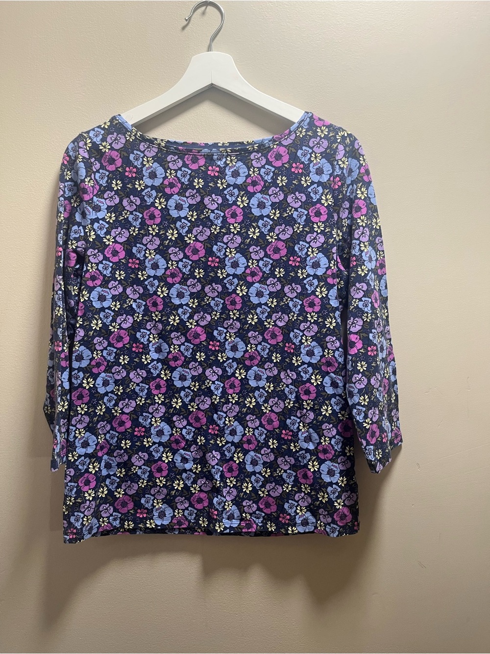 Talbots Floral Boatneck Top - Purple & Blue 3/4 Sleeve.